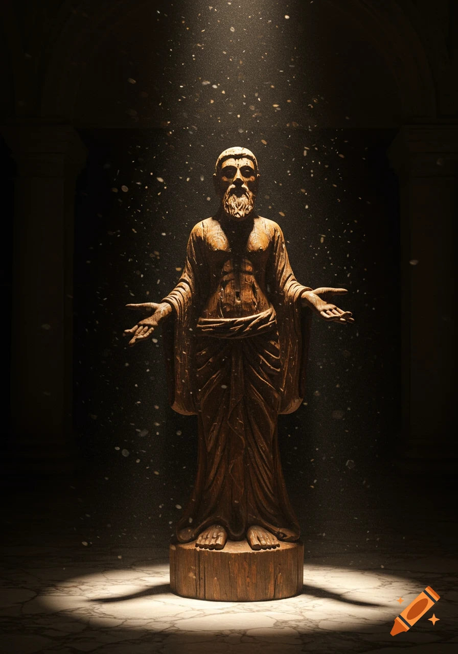 A detailed wooden statue of a bearded man with open arms stands in a dramatic spotlight with dust particles.