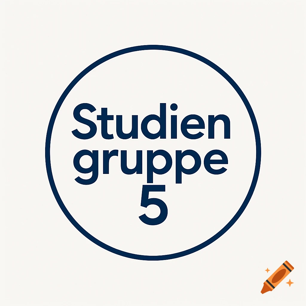 Dark blue text "Studiengruppe 5" in a circular logo on a light background.