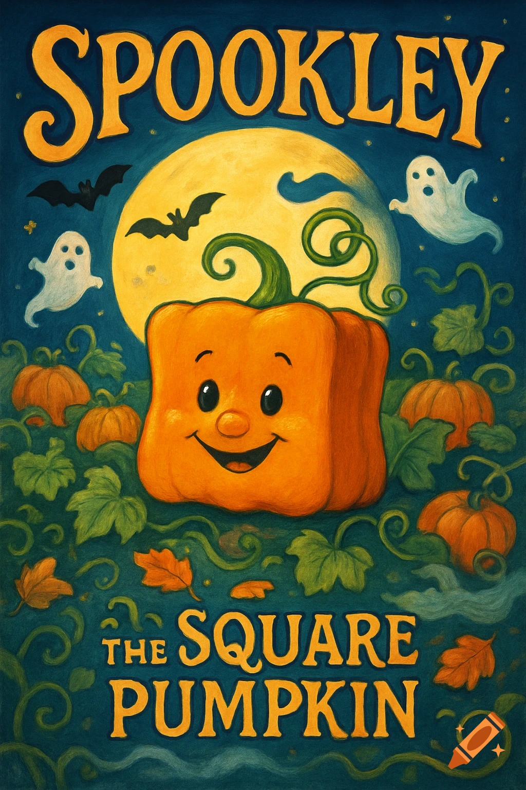Illustrated Halloween poster featuring a smiling square pumpkin under a full moon, with ghosts, bats, and text 'SPOOKLEY THE SQUARE PUMPKIN'.
