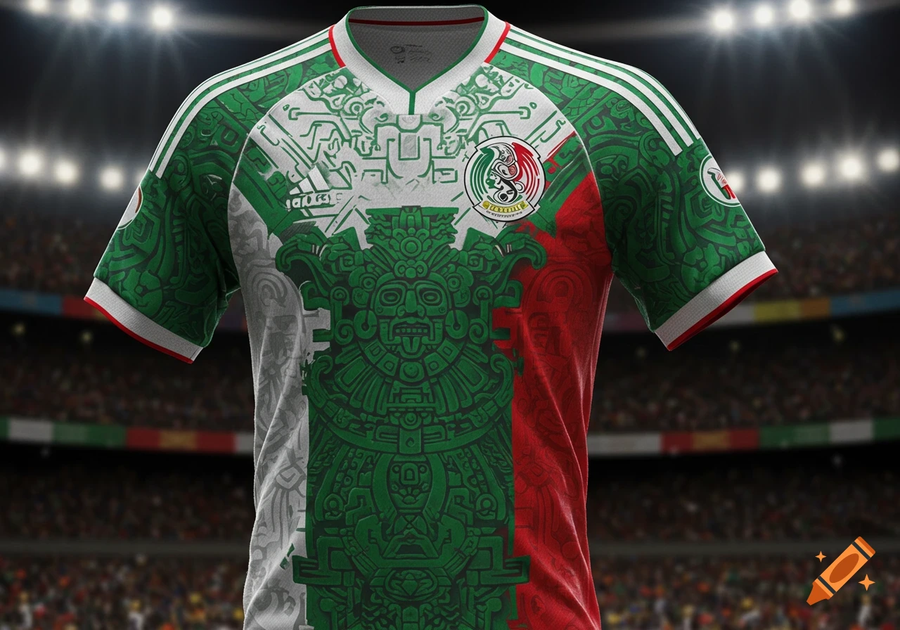 A green, white, and red Mexico national football jersey with ancient Mesoamerican patterns on a stadium background.