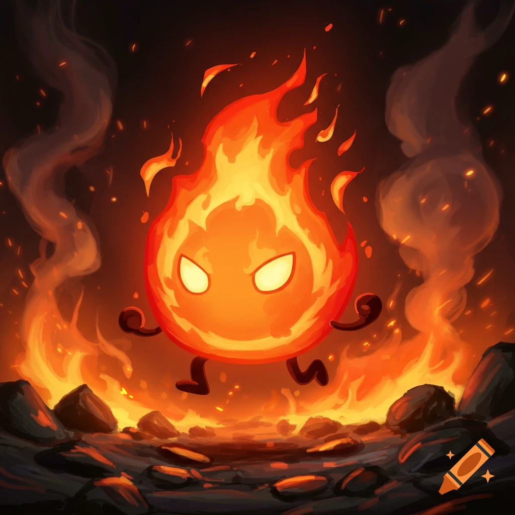 A cartoon fire elemental with glowing eyes and small limbs floats amidst a fiery, smoky landscape.
