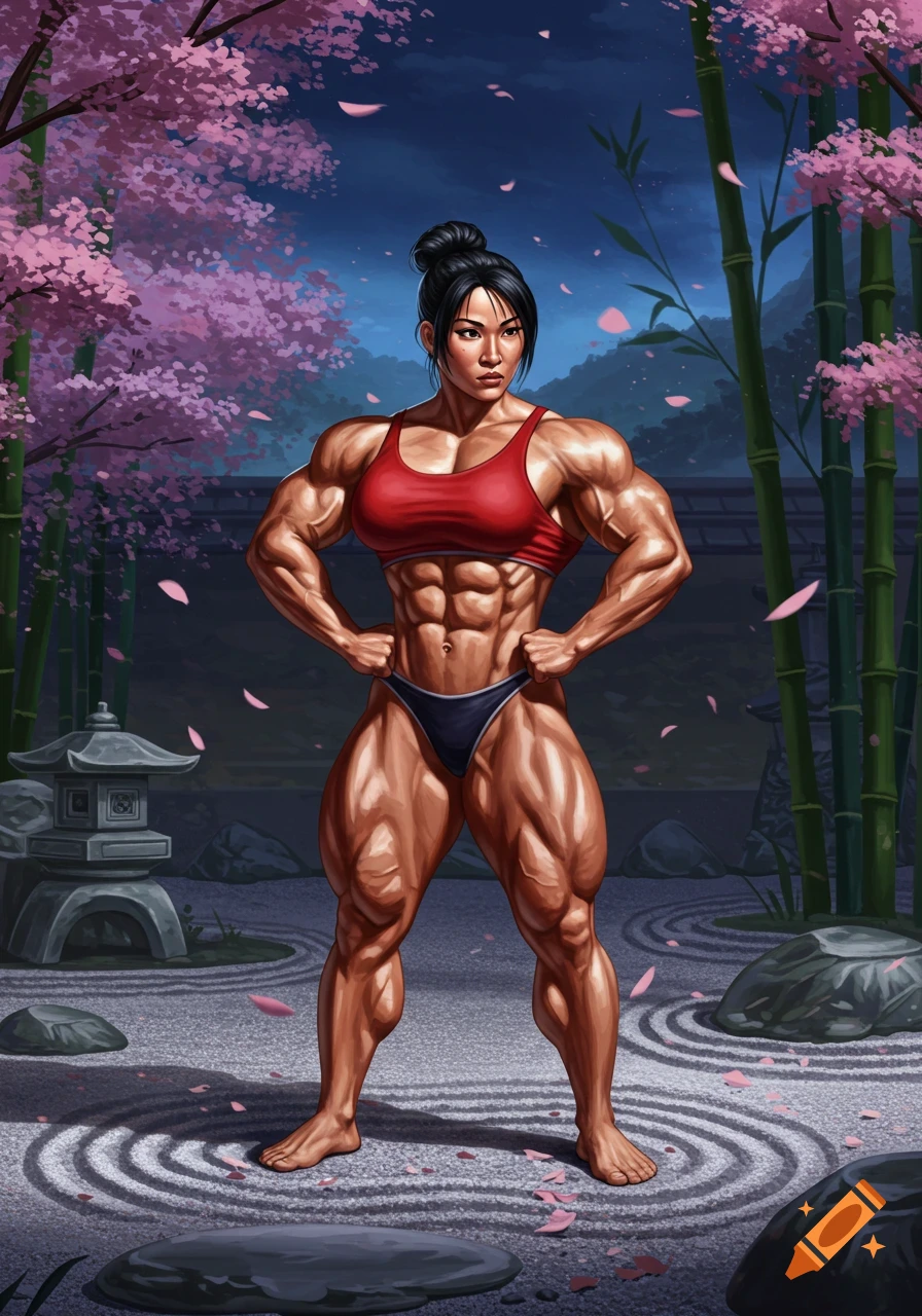 A muscular Asian woman in a red sports bra and black briefs poses powerfully in a Japanese garden with pink cherry blossoms and bamboo.
