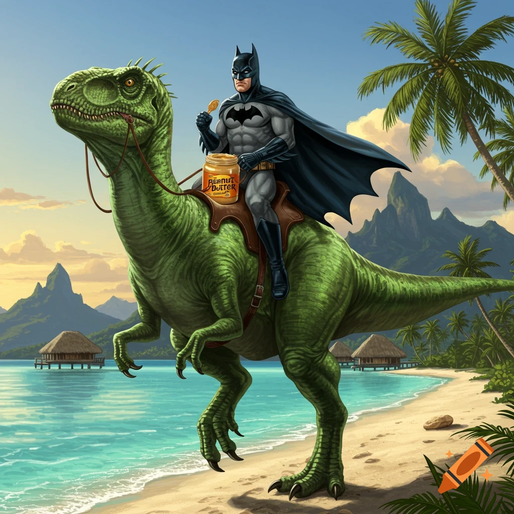 Batman rides a green dinosaur on a tropical beach, eating peanut butter from a jar.