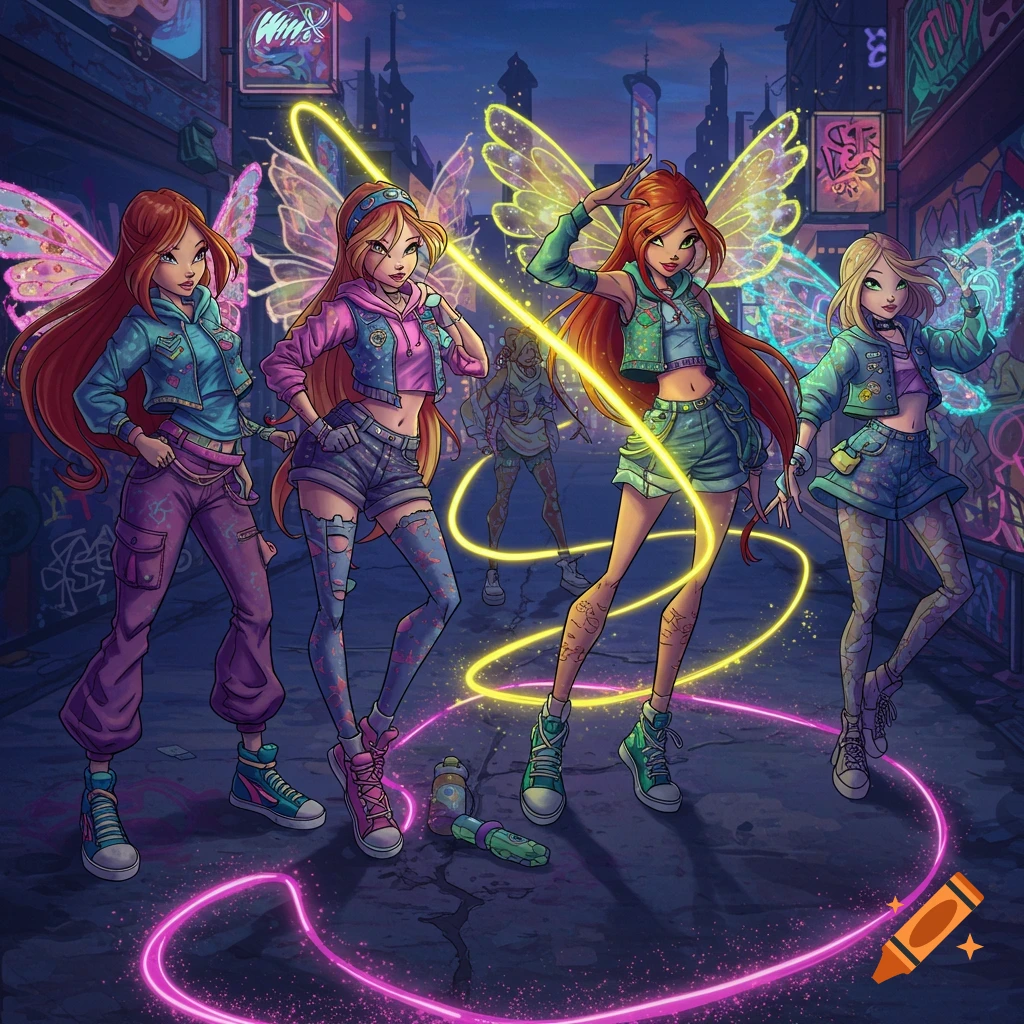 Four animated female characters with colorful fairy wings and urban outfits pose dramatically in a graffiti-covered alley at night, with glowing light trails.
