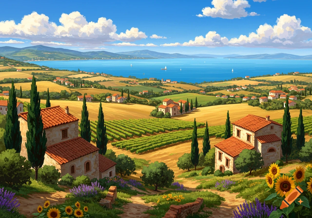 Vibrant illustration of an Italian landscape with houses, vineyards, fields, and a blue lake under a cloudy sky.