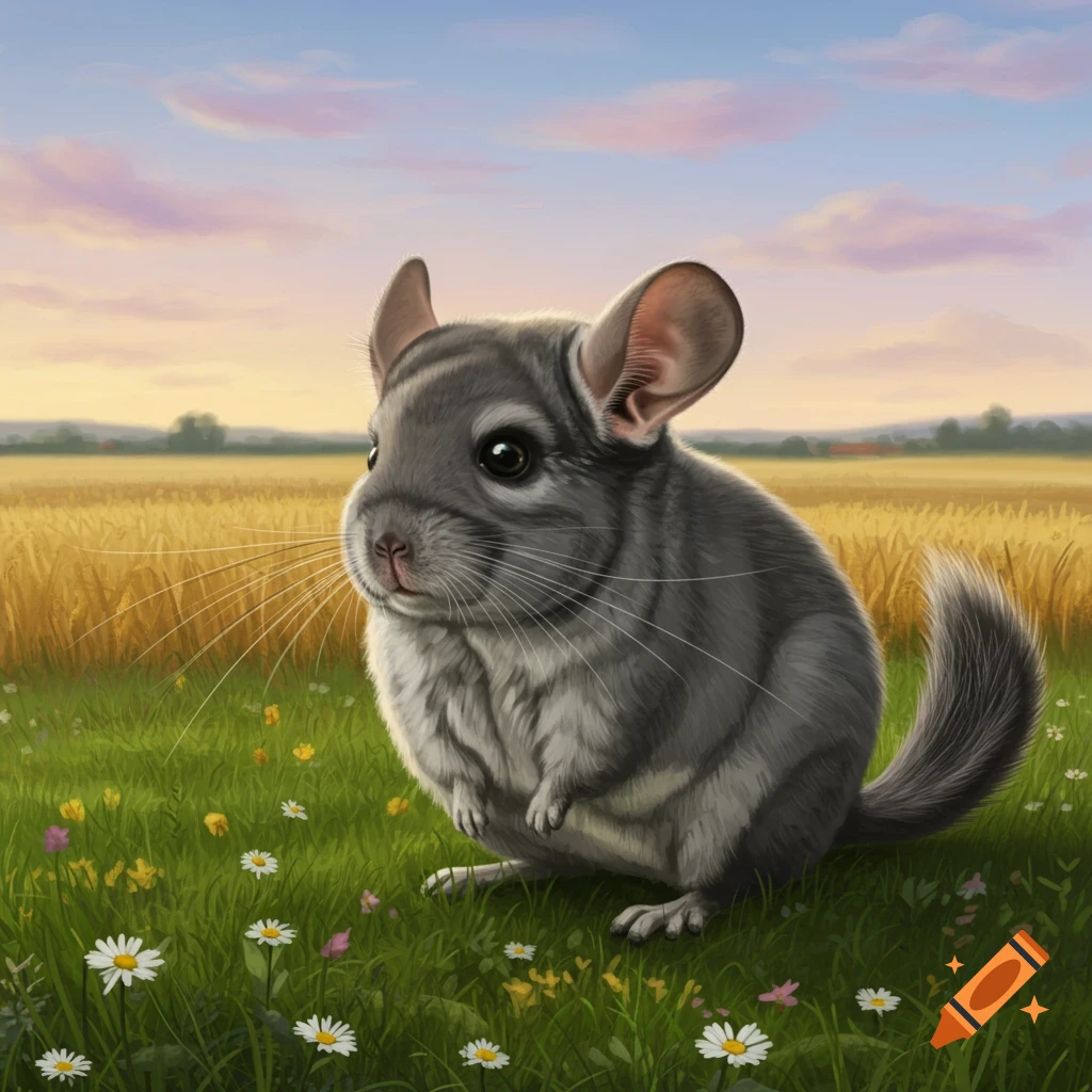 A fluffy gray chinchilla sits in a vibrant green field with white and yellow wildflowers, a golden wheat field and a pastel sunset sky in the background.