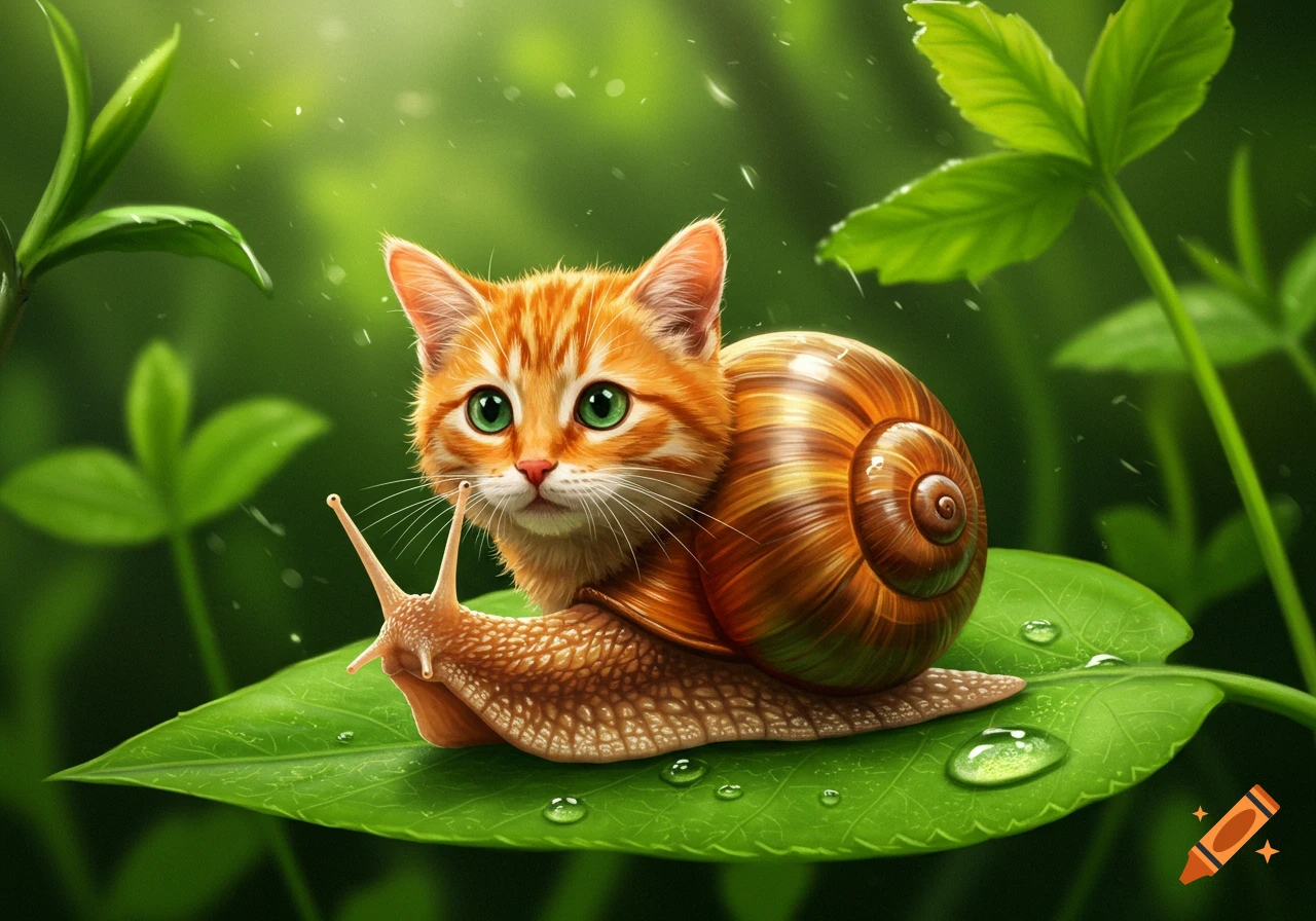 An orange tabby cat with a snail shell body sits on a dew-covered green leaf in a lush, natural setting.