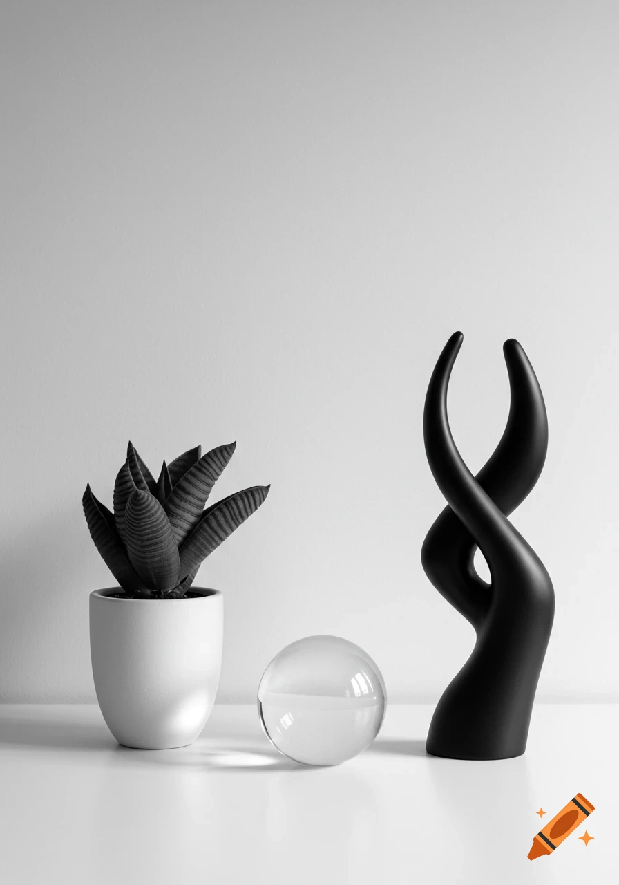 Monochrome still life with a potted plant, a clear glass sphere, and a black abstract sculpture on a white table.