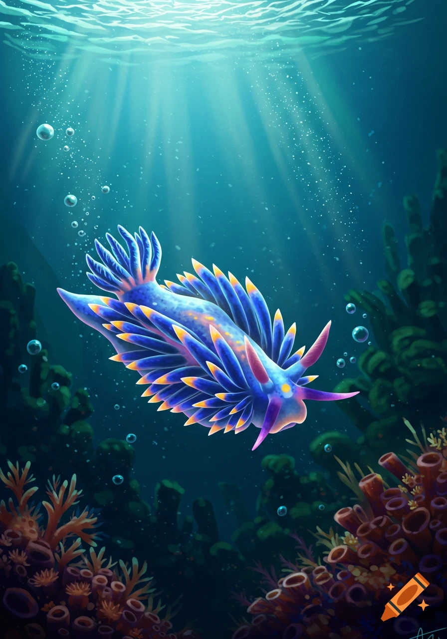 A vibrant, blue, yellow, and pink nudibranch swims amidst coral reefs underwater with light rays filtering from above.