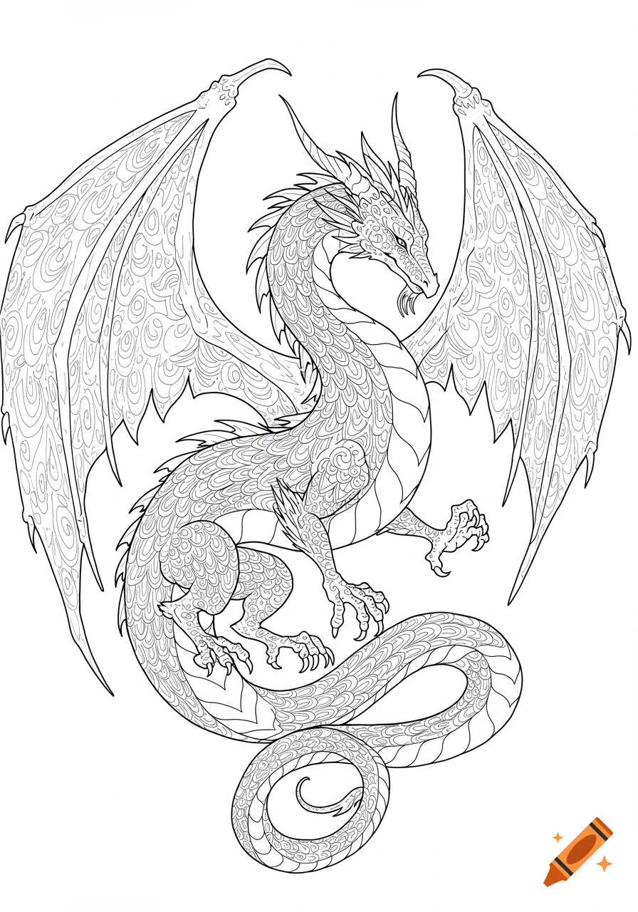 Detailed line art of a fantasy dragon with intricate scales and mandala-like patterns, suitable for a coloring book.