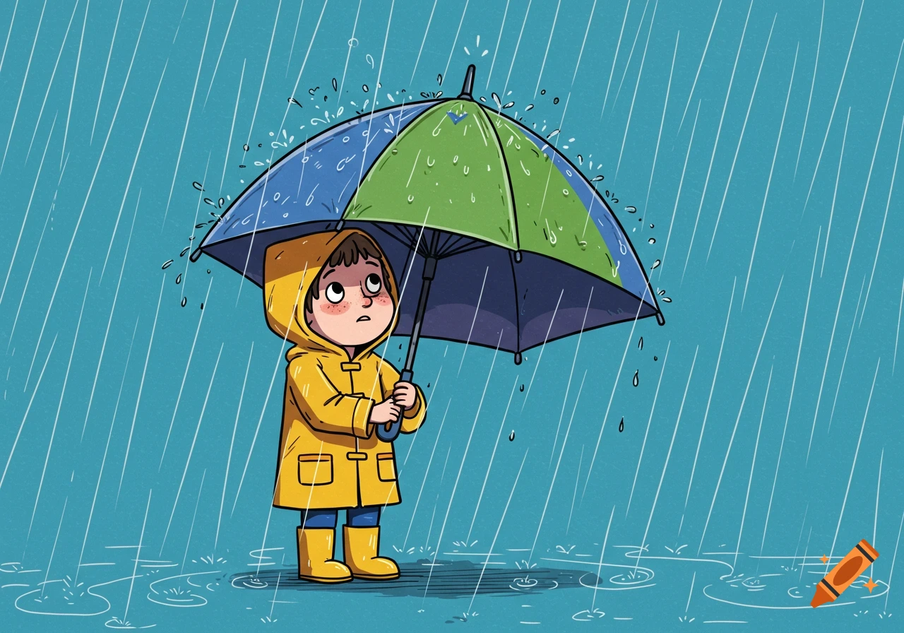 A sad child in a yellow raincoat and boots holds a blue and green umbrella in the pouring rain, with puddles forming around them.