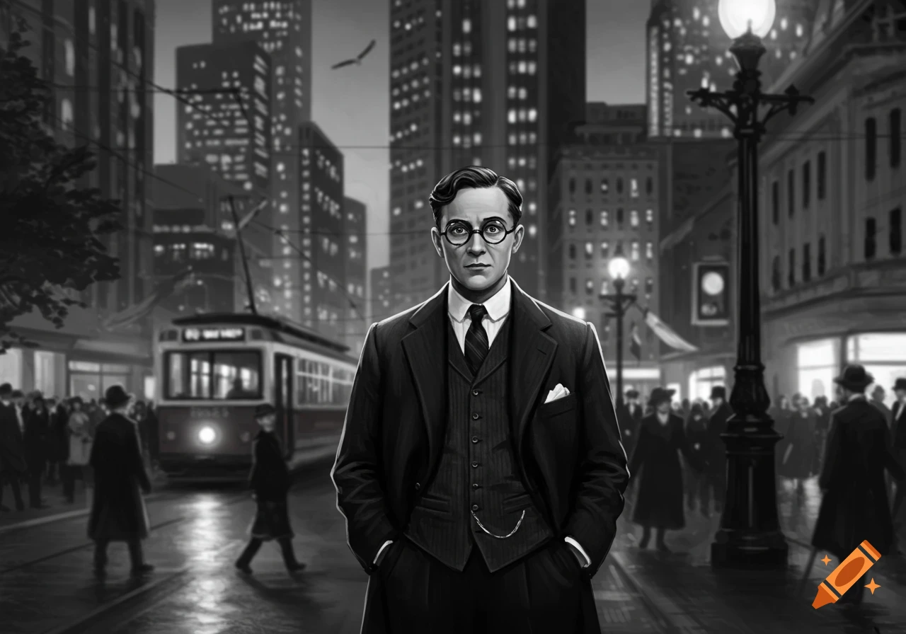 A man in a suit and round glasses stands in a monochrome, 1920s-style city street with a tram and pedestrians in the background.
