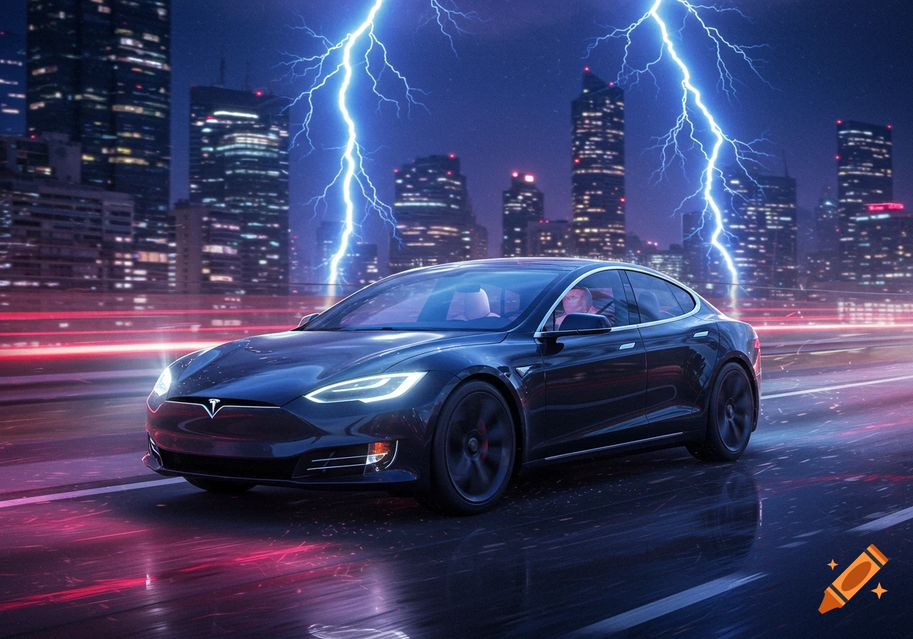 A black Tesla car speeds through a futuristic city at night, illuminated by dramatic blue lightning and red light trails on the wet road.