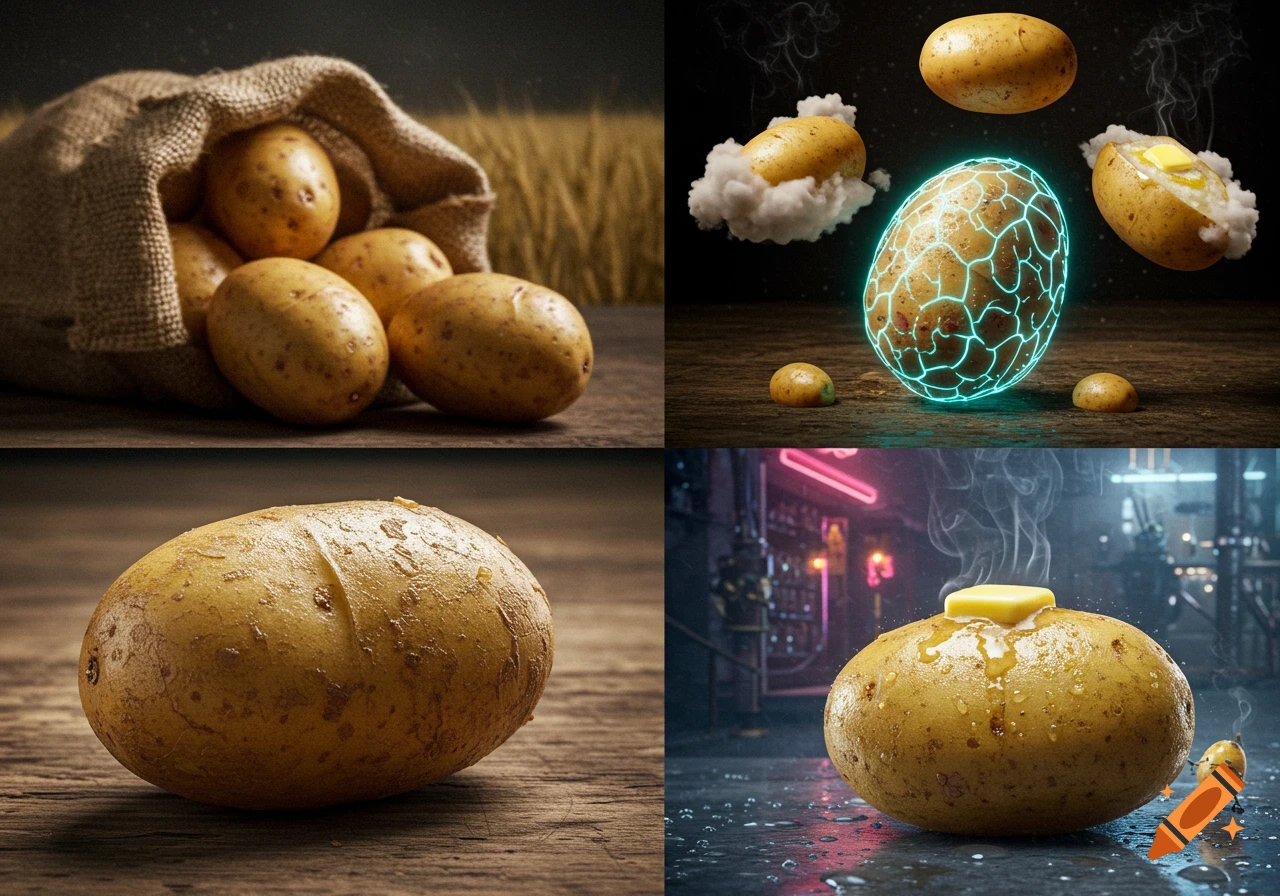 A collage of four potato images: potatoes in a burlap sack, a glowing sci-fi potato, a single wet potato, and a baked potato with butter in a cyberpunk alley with a tiny potato character.