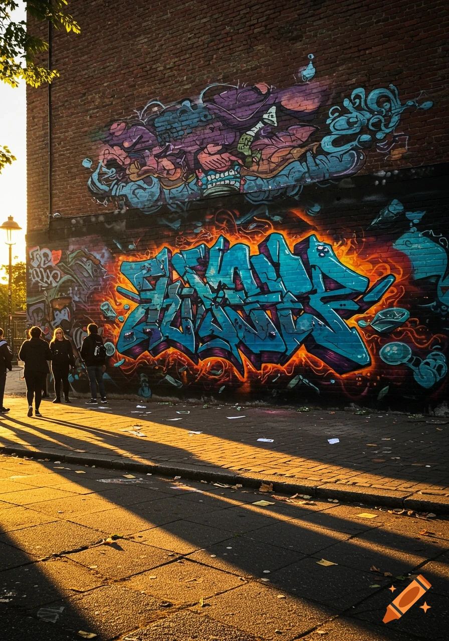 A vibrant graffiti mural in blue, orange, and purple covers a brick wall, illuminated by warm, dramatic sunlight. Several people walk on a sun-drenched sidewalk below.