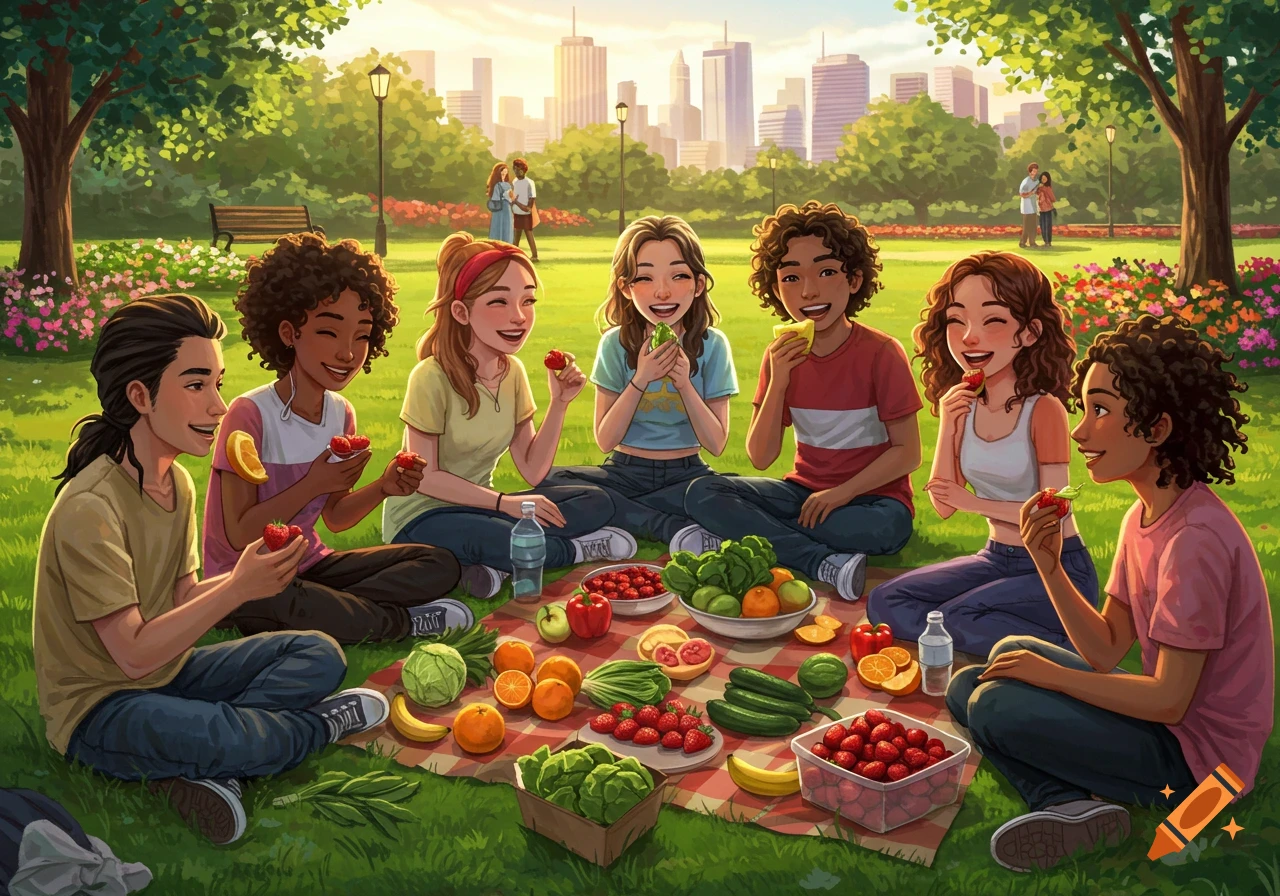 Six diverse teenagers having a joyful picnic with fruits and vegetables in a sunny park, city skyline in the background.