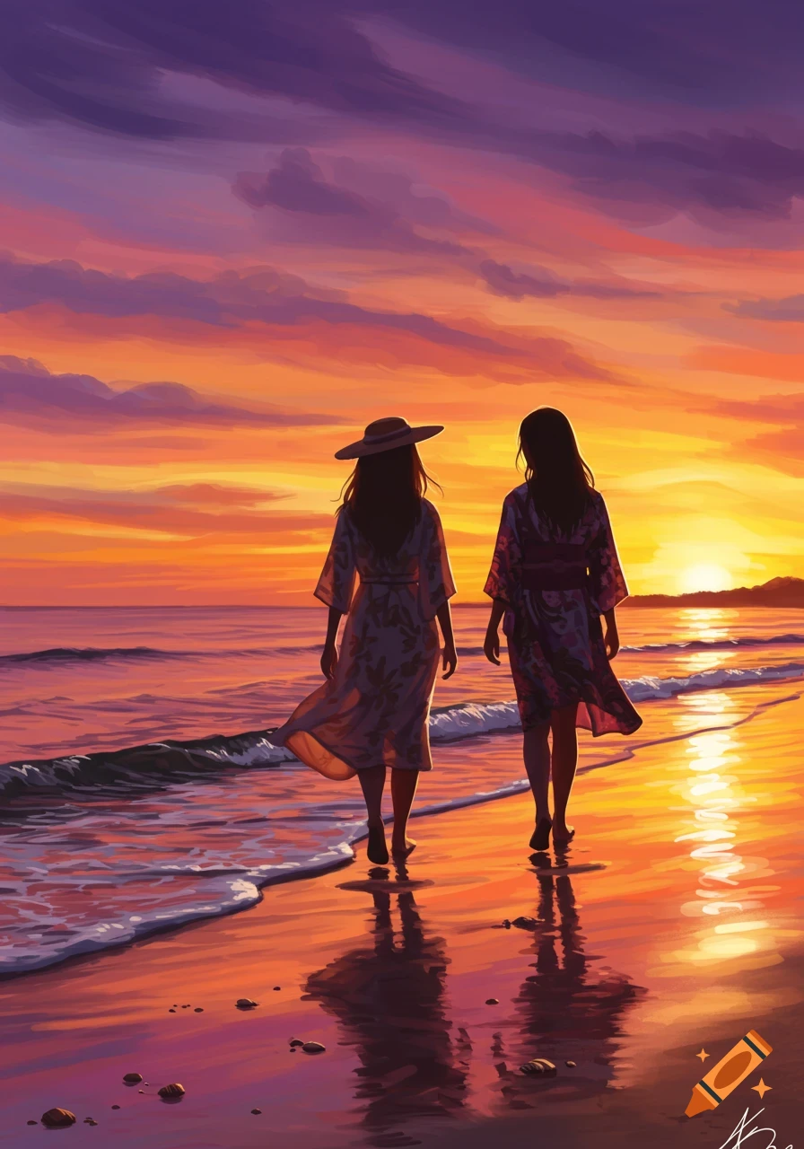 Two women in sundresses walk barefoot on a beach at sunset, vibrant orange and purple sky reflected in the wet sand, digital art.