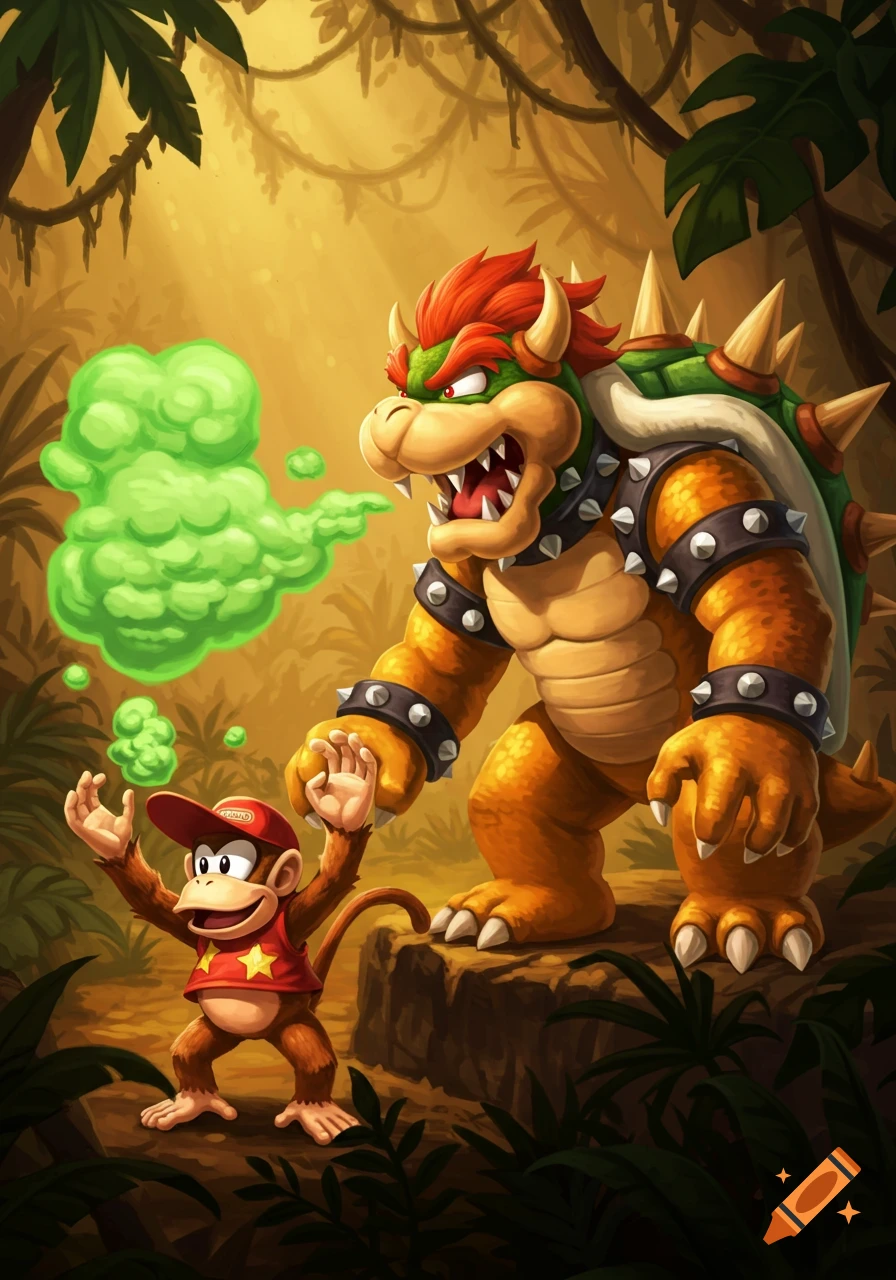 Cartoon Diddy Kong farts green fumes at a displeased Bowser in a vibrant jungle setting.