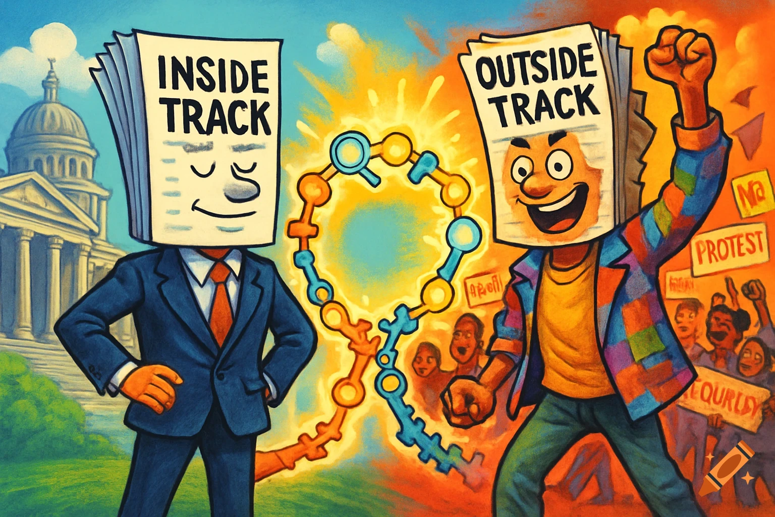 Caricature of 'Inside Track' in a suit and 'Outside Track' activist with protest signs, illustrating political influence.