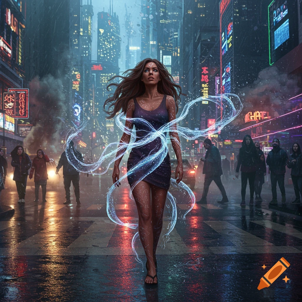 A woman with long brown hair, surrounded by glowing blue energy, walks through a rainy, neon-lit cyberpunk city street at night.