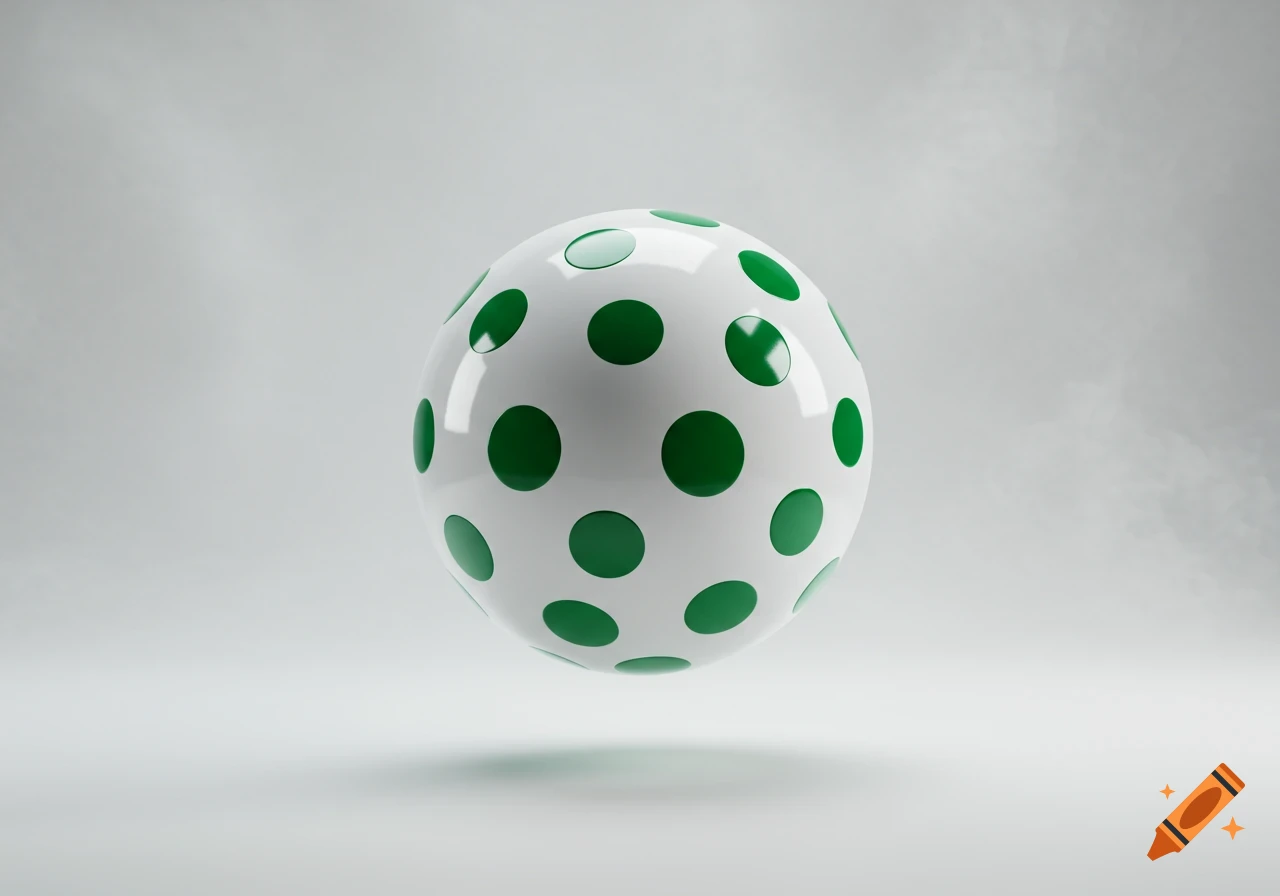 Photorealistic white sphere covered in dark green polka dots, floating slightly above a light gray surface against a light gray background.