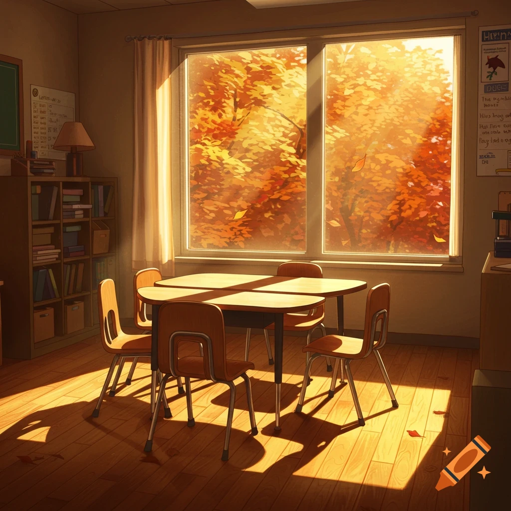 An anime-style classroom interior with a kidney-shaped table, chairs, and a window showing vibrant autumn trees and sunlit fall leaves outside.