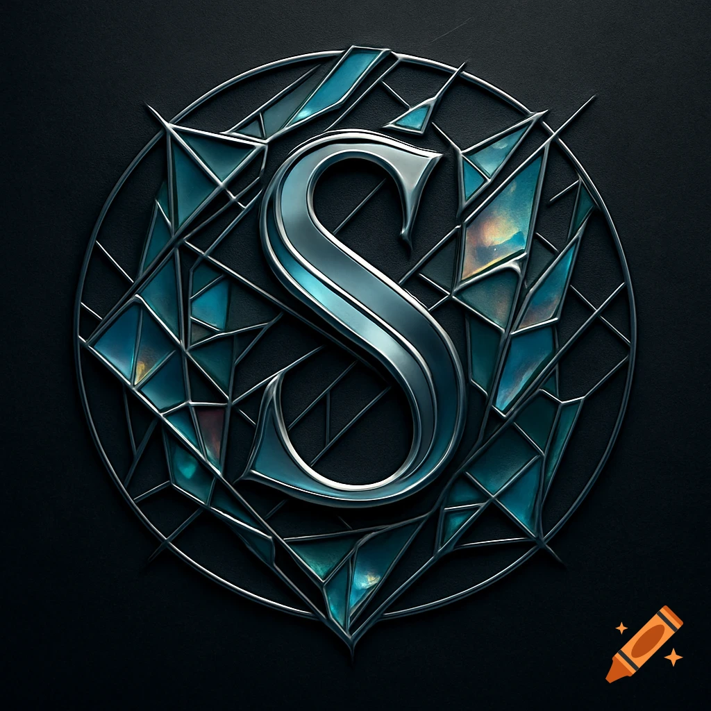A metallic stylized letter 'S' in a circular, geometric emblem with blue stained-glass patterns on a dark background.