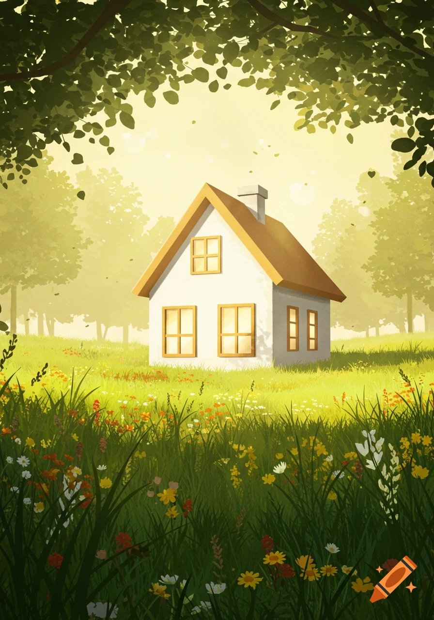 Stylized illustration of a small white and yellow house in a sun-drenched meadow with wildflowers and trees.