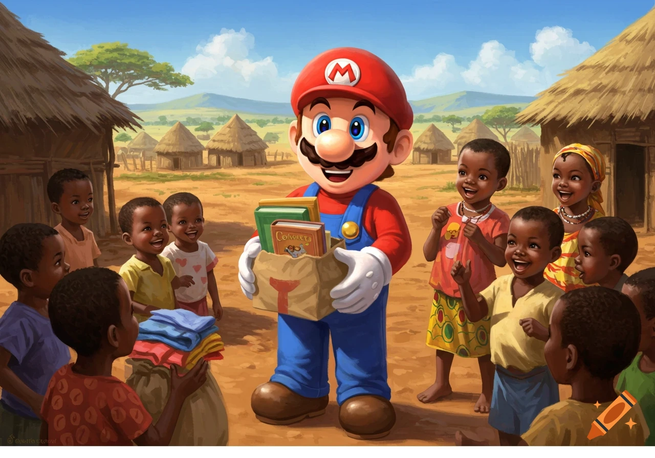 Mario, holding a box of books, stands smiling among joyful children in a colorful, illustrated African village.