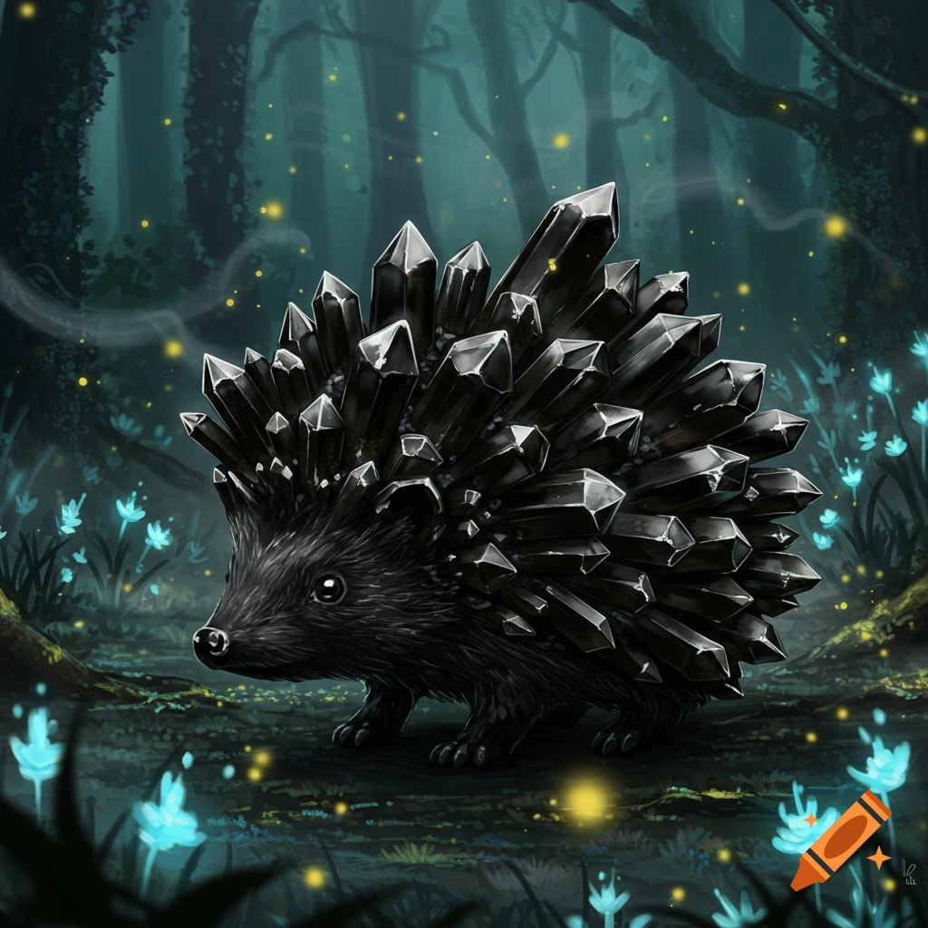 A black crystal hedgehog with silver diamond spines stands in a dark fantasy forest with glowing blue flowers and fireflies.