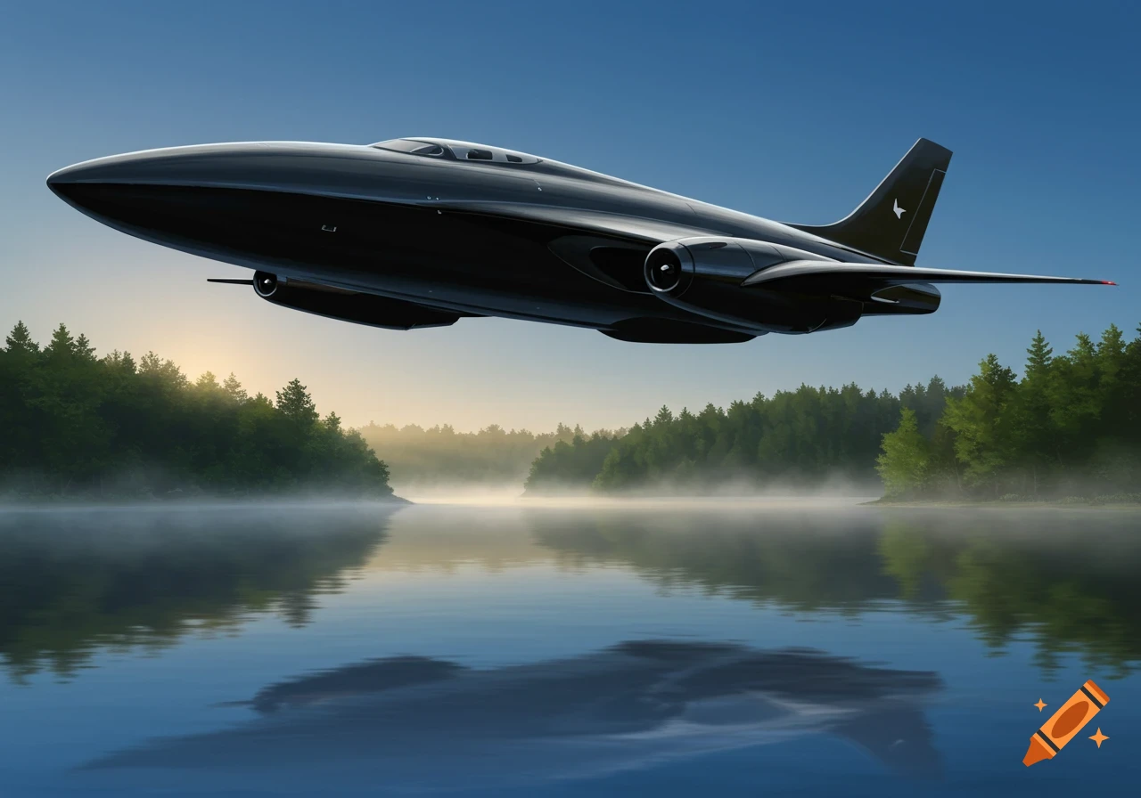 A sleek black futuristic aircraft flies low over a misty lake surrounded by a forest at sunrise.