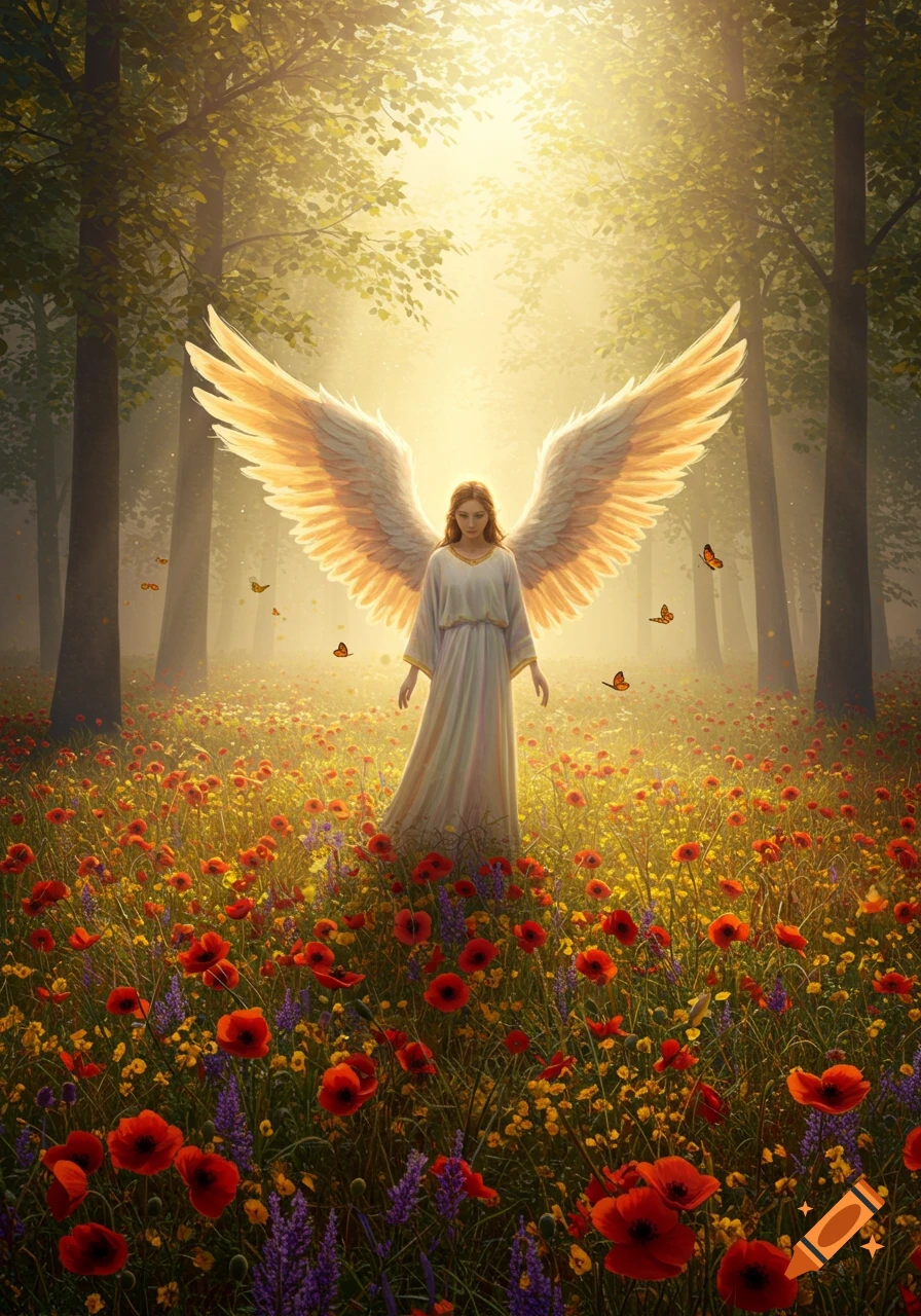A majestic angel with large golden wings stands in a glowing, sunlit meadow of red and yellow flowers in a forest, digital art.