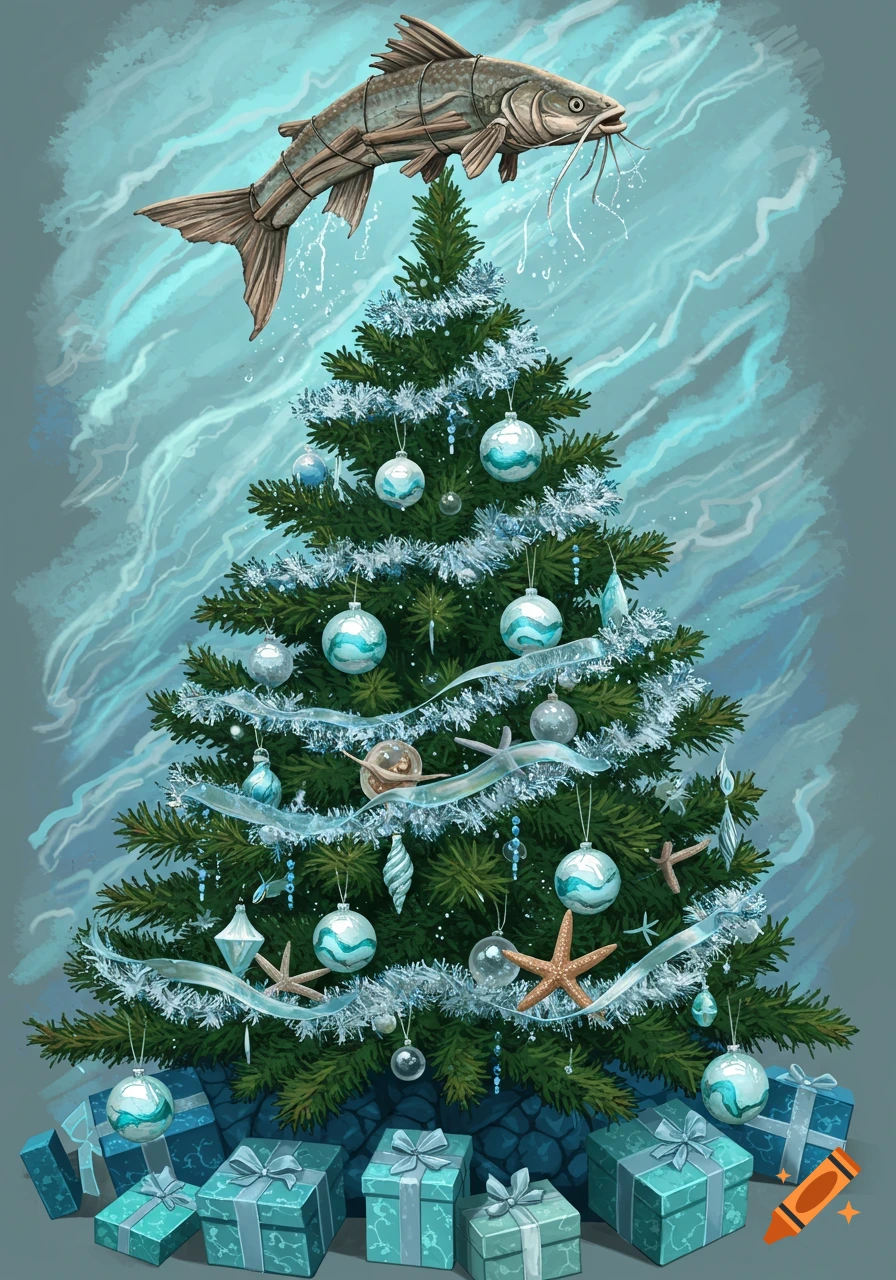 A Christmas tree decorated with blue and white ornaments, ribbons, and starfish, with presents at the base. A catfish jumps from the top.