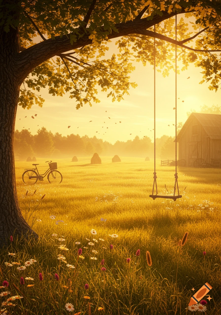 A golden hour landscape with a large tree, a wooden swing, a bicycle in a field of wildflowers, and a barn in the background.