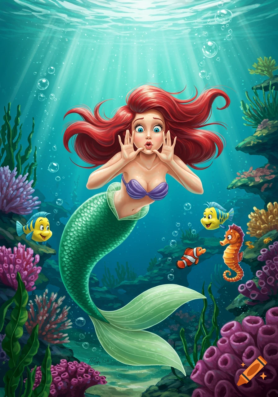 Cartoon mermaid Ariel with red hair making a fish face underwater amidst colorful coral and sea creatures.