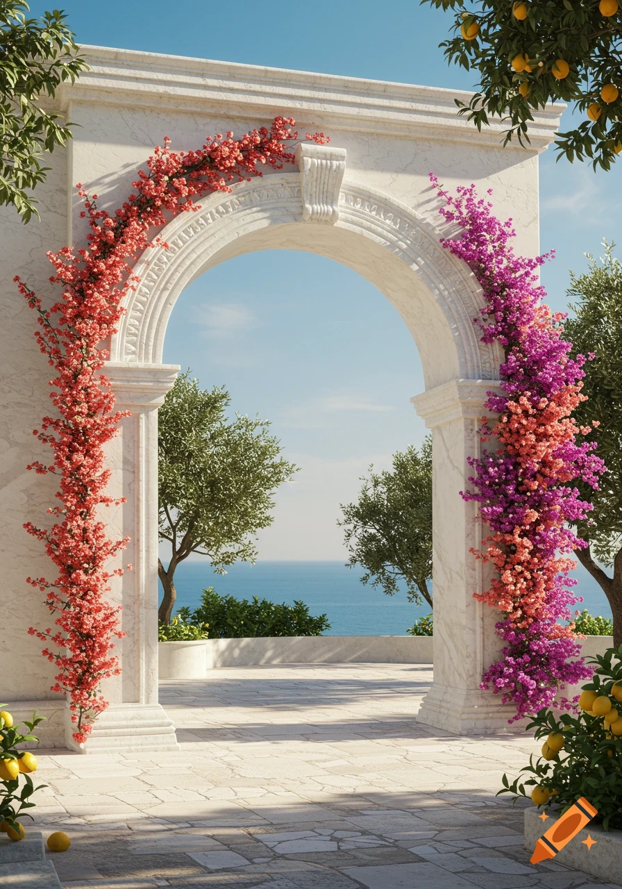 Photorealistic view through a white marble archway draped with red and pink flowers, showing the blue sea, olive trees, and lemons.