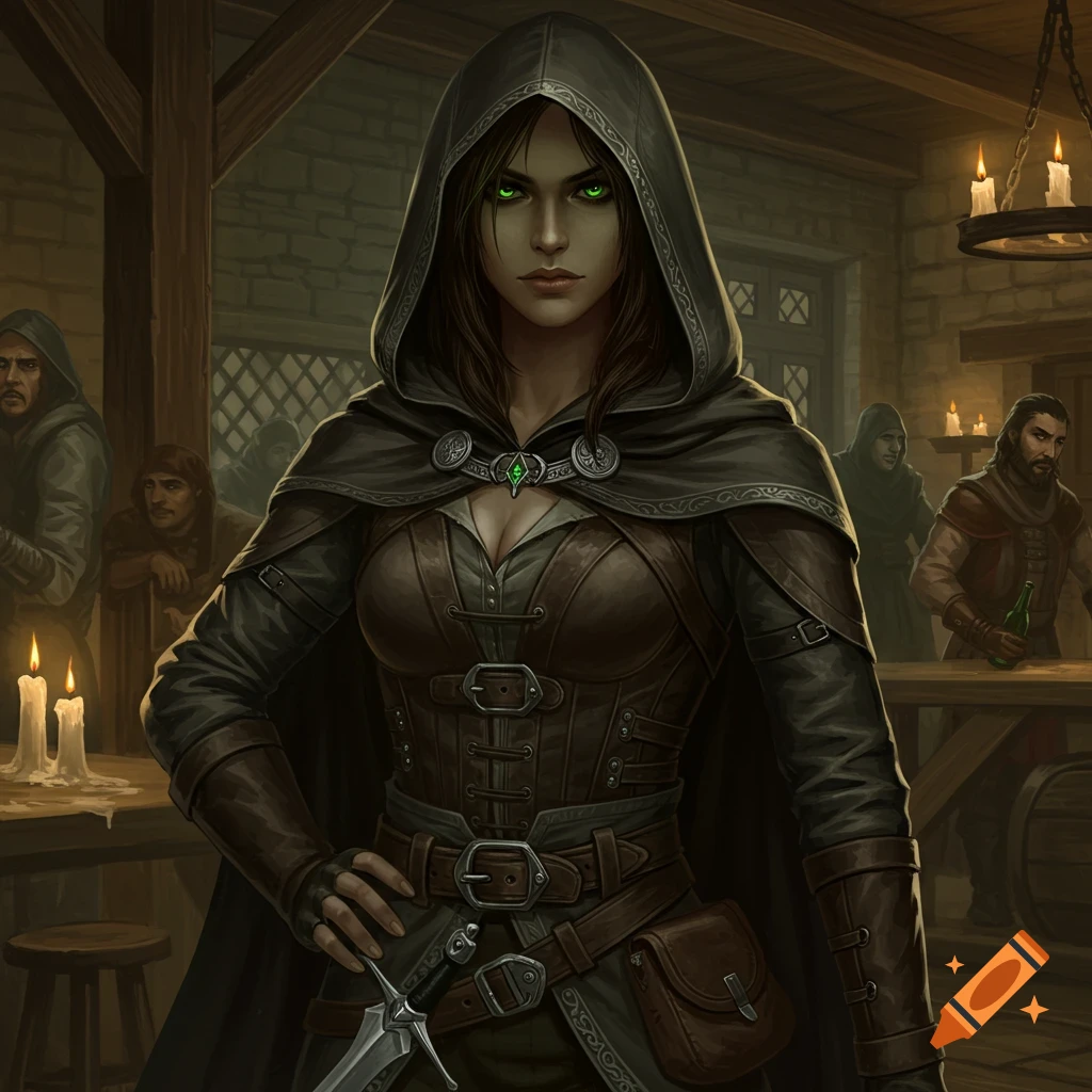 A woman in a dark hooded cloak and leather armor with green eyes and a dagger in a dimly lit tavern.