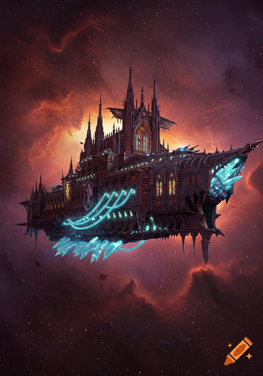 A massive gothic cathedral-like spaceship, the 'Empyrean Lance', flies through a vibrant red and purple nebula in space.