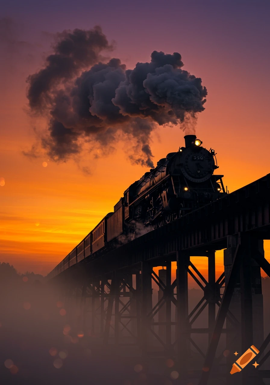 A silhouette of a steam train on a bridge, with thick smoke billowing against a vibrant orange and purple sunset sky.