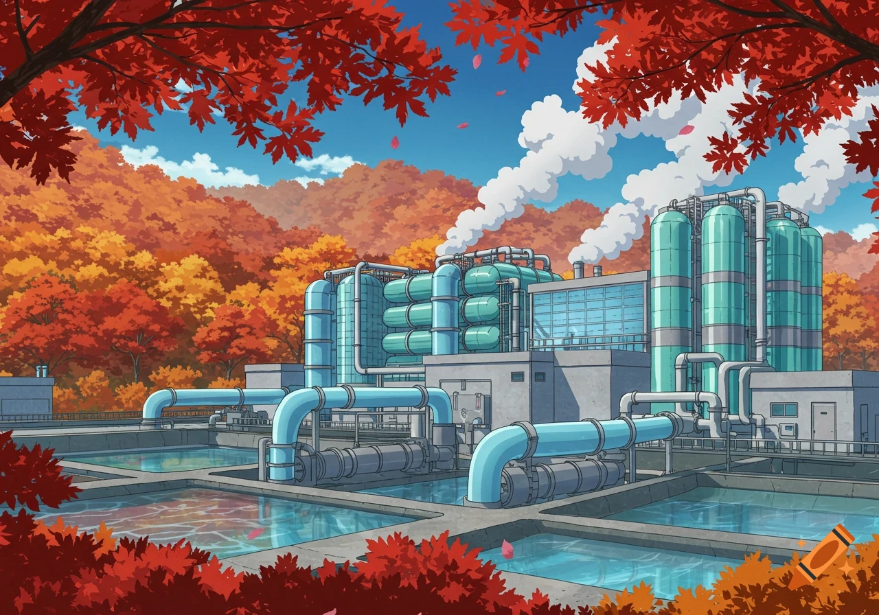 Anime-style water treatment plant with blue pipes and tanks amidst vibrant red and orange autumn trees under a blue sky.