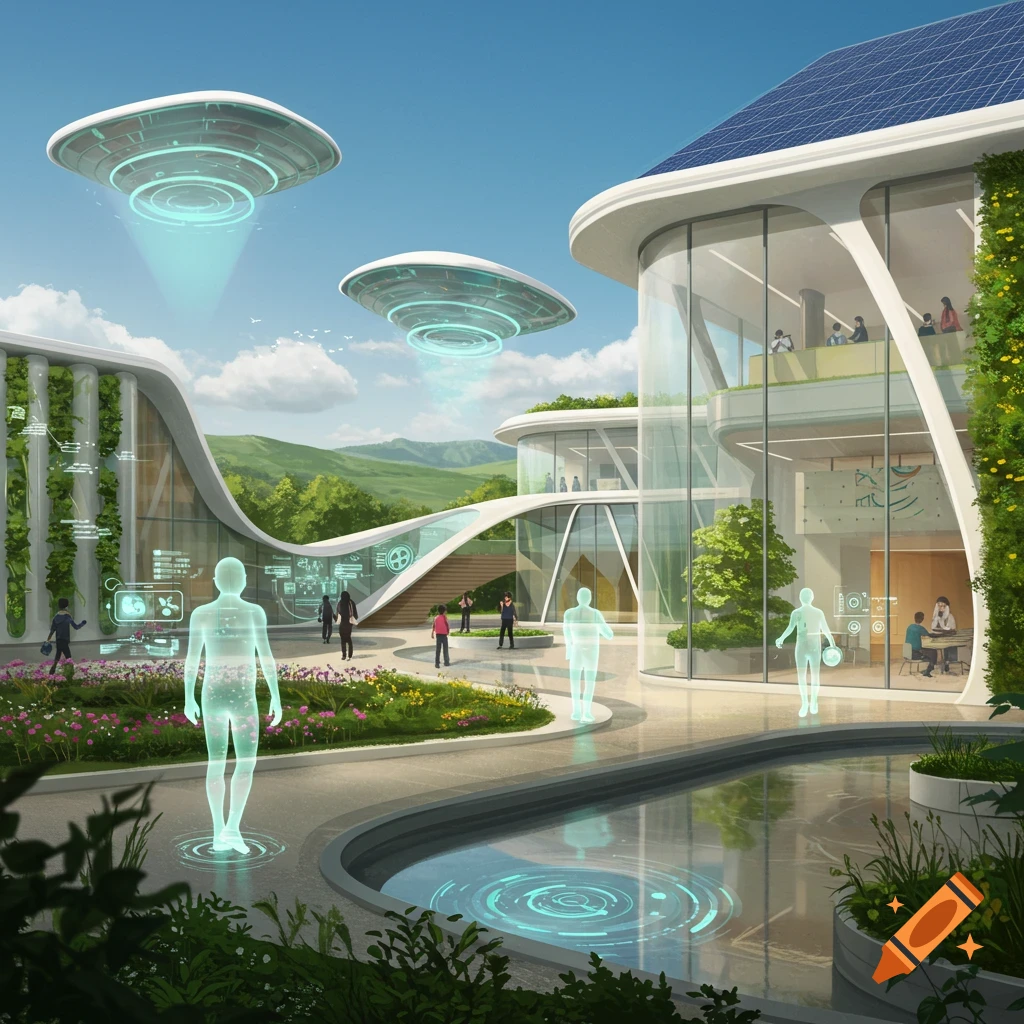 A futuristic school campus with sleek buildings, solar panels, vertical gardens, holographic people, and flying saucers in a sunny, green landscape.