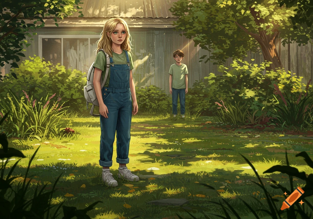 An illustration of a young girl with a backpack and a boy standing in a sunlit, overgrown garden with a house in the background.