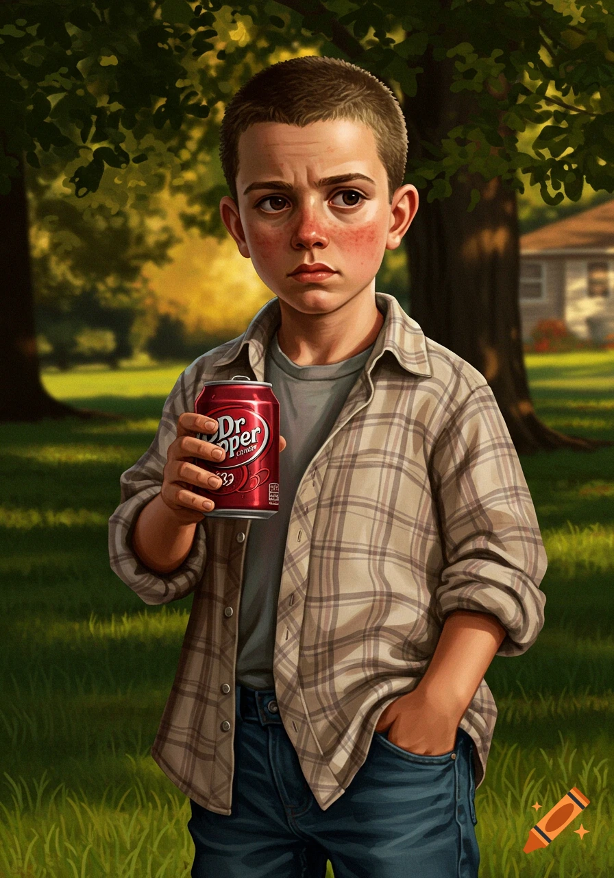 An illustrated young boy with a buzz cut and acne holds a red Dr Pepper can in a grassy park.