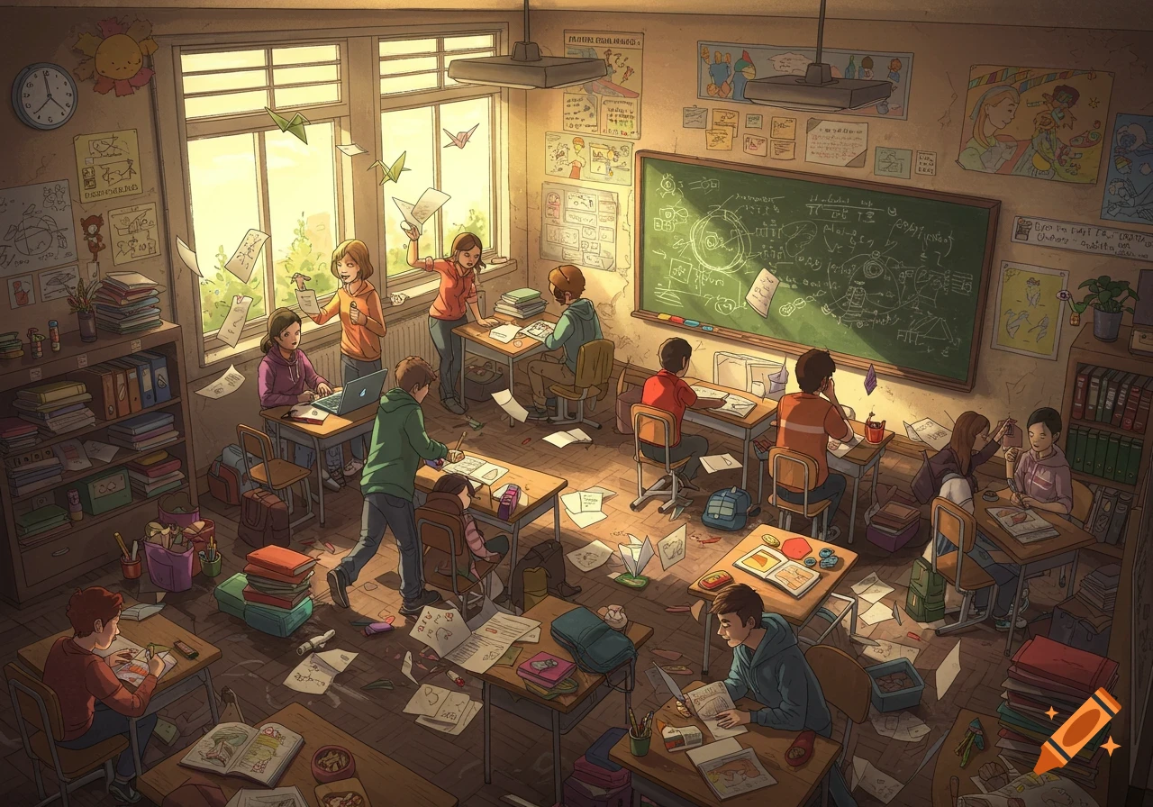 An illustrated, busy classroom filled with students, papers flying around, and a blackboard covered in equations, creating a chaotic but lively scene.