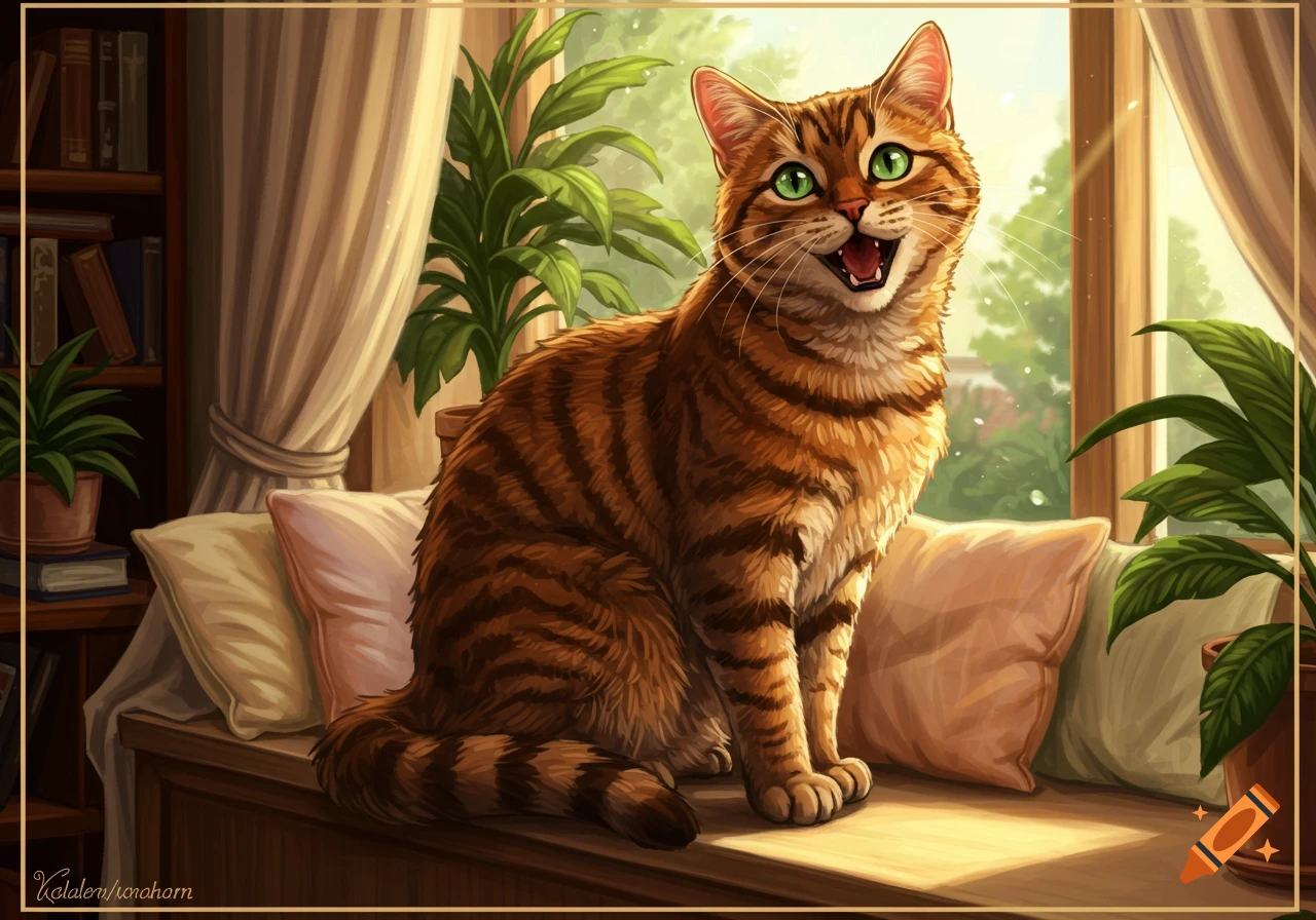 A happy, orange tabby cat with bright green eyes sits by a sunlit window with plants and a bookshelf, digital art.