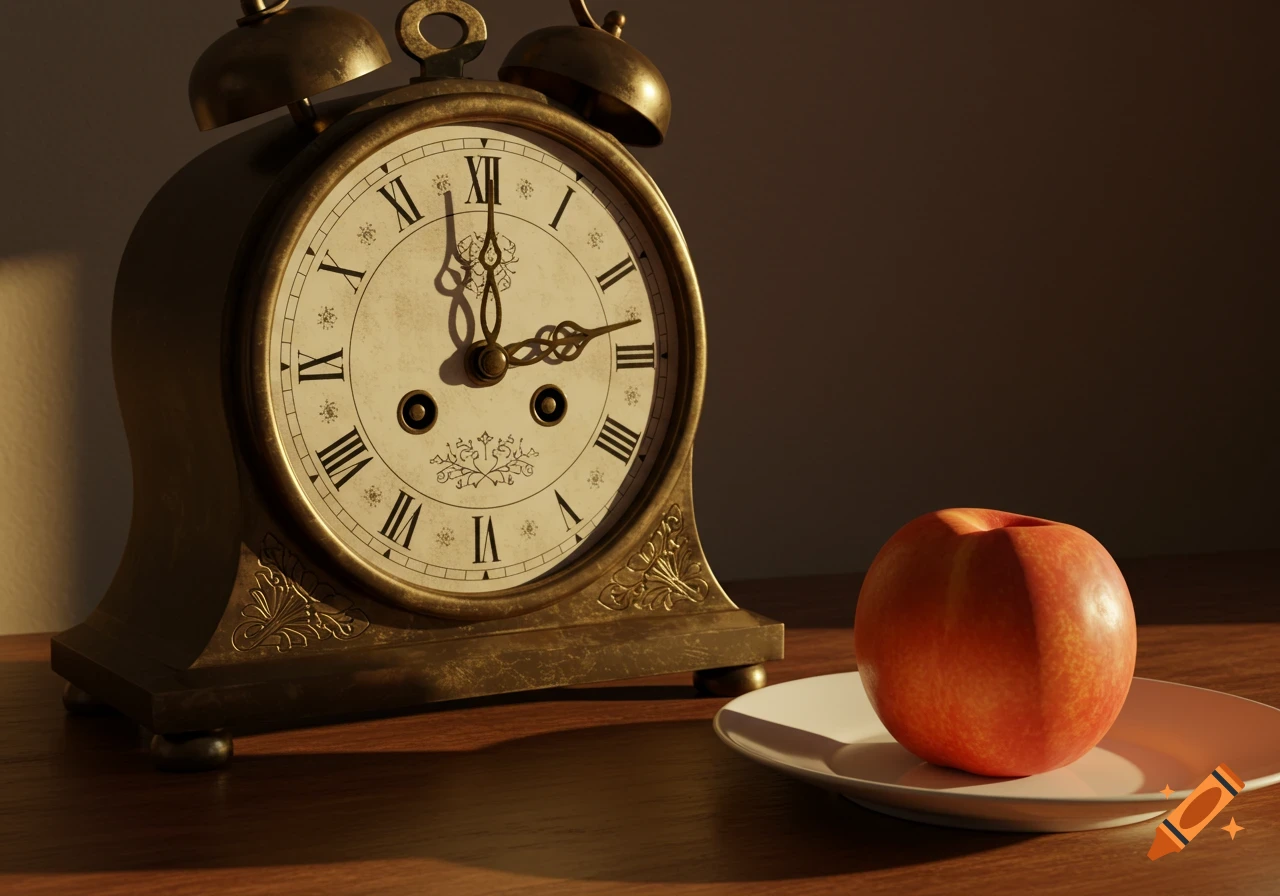 Photorealistic still life of an antique brass alarm clock showing 4:59 PM next to a red apple on a white plate.