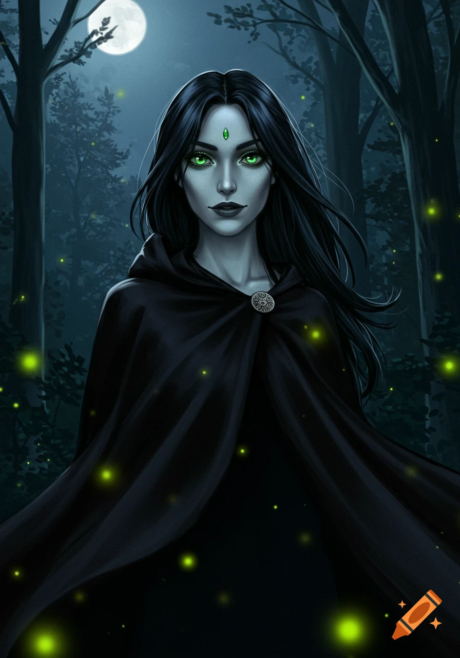 Fantasy illustration of a pale woman with glowing green eyes and a black cloak in a dark, moonlit forest with fireflies.