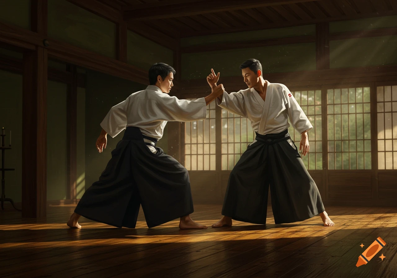 Two men in white gi and black hakama practice Aikido in a traditional Japanese dojo with dramatic lighting.