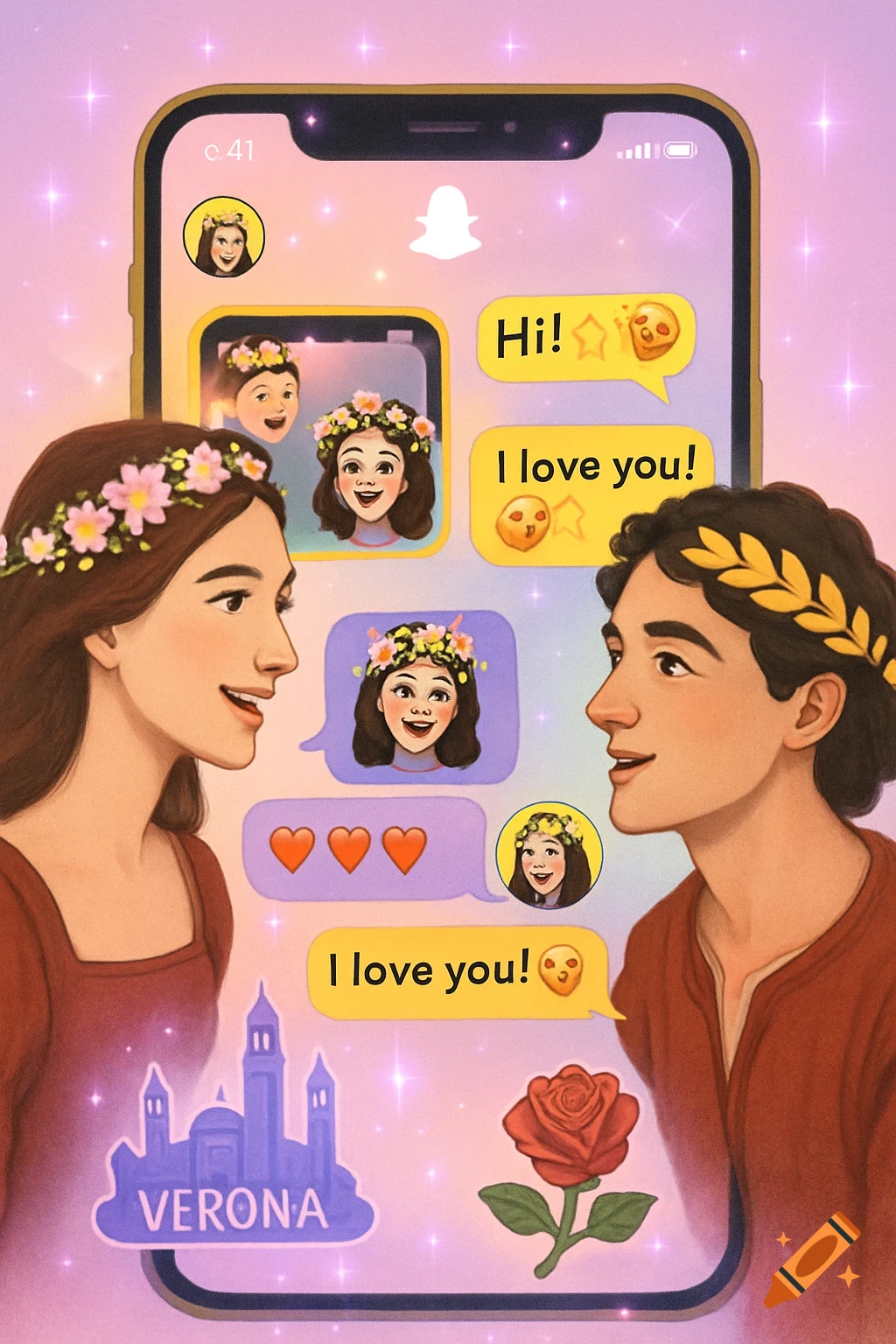 Cartoon illustration of a modern Romeo and Juliet texting on a Snapchat-like interface, with chat bubbles, emojis, and a Verona castle silhouette.