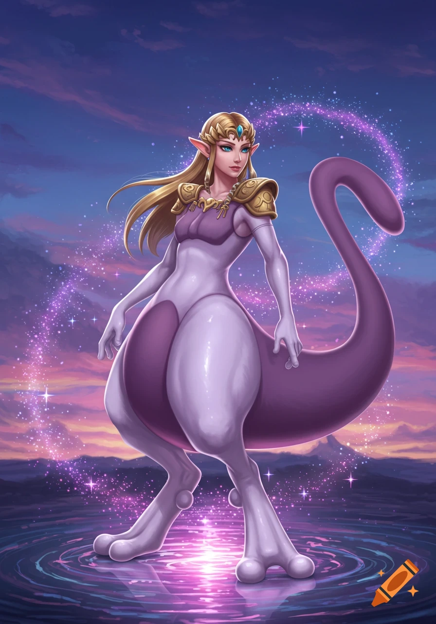 Princess Zelda's head on a Mewtwo body, standing in glowing water at sunset with purple sparks. Digital art.